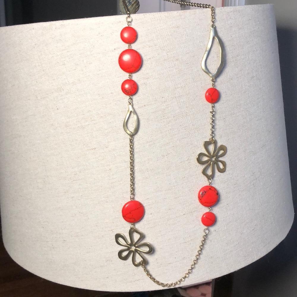 Orange bead and gold flower necklace